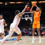 Tennessee guard Chaz Lanier (2) with the shot attempt during the NCAA Tournament Elite Eight game against Houston at Lucas Oil Stadium in Indianapolis, Ind., on Sunday, March 30, 2025.